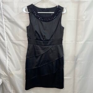 Connected women's black satin jeweled tiered bodycon sleeveless business dress 8